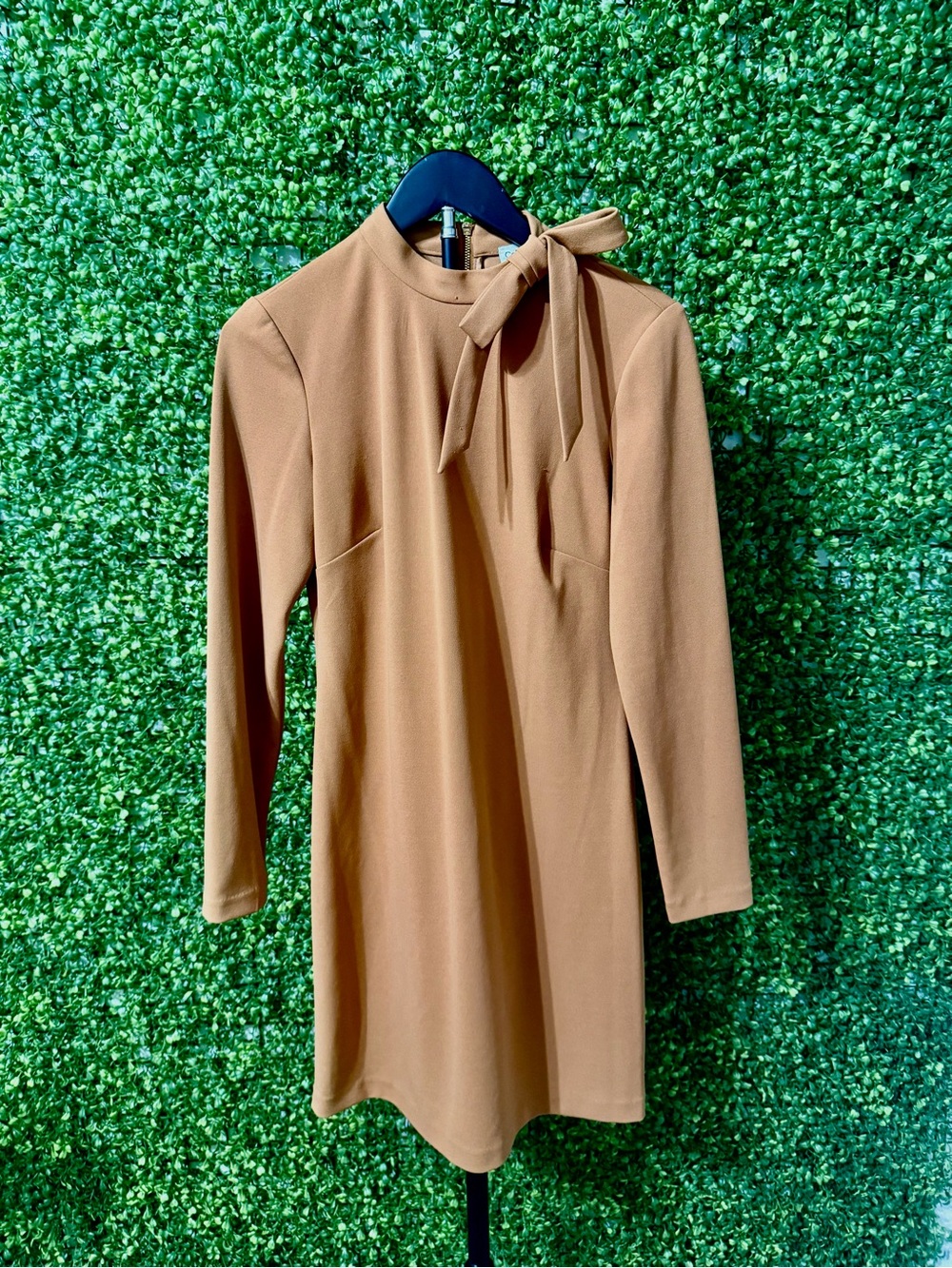 Calvin Klein Long Sleeve Mock Neck Bow Tie Sheath Dress Brown - Size 4